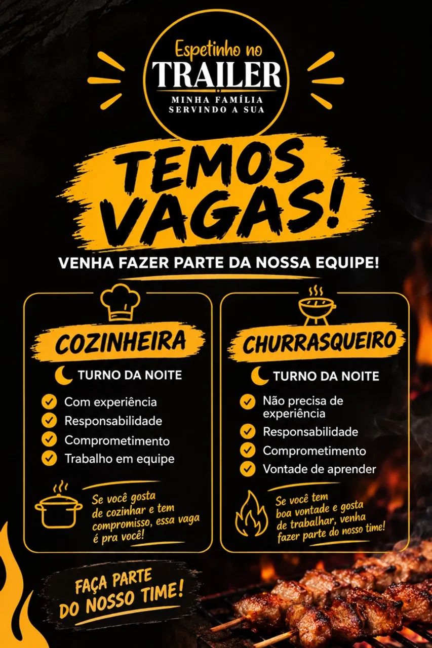 Vaga para cozinheira e churrasqueiro