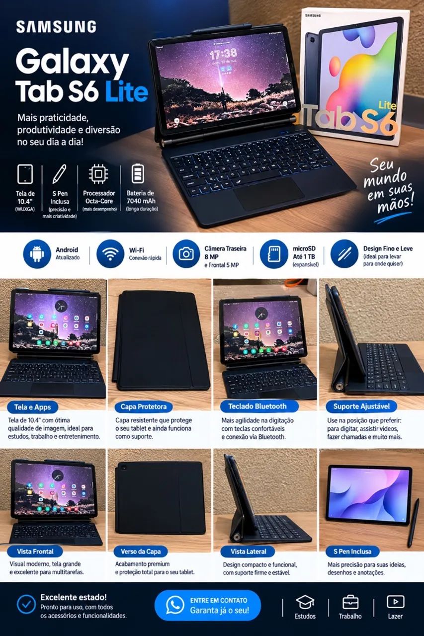 Samsung tab S6 lite completo oportunidade de produtividade