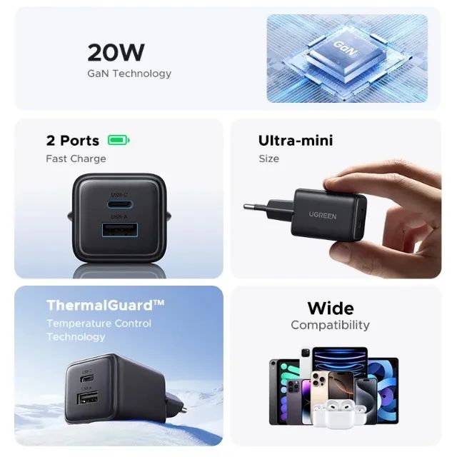 Carregador Ugreen X514 GaN DualPort 20W (USB-C + USB-A) -Entrega Grátis- - Foto 3