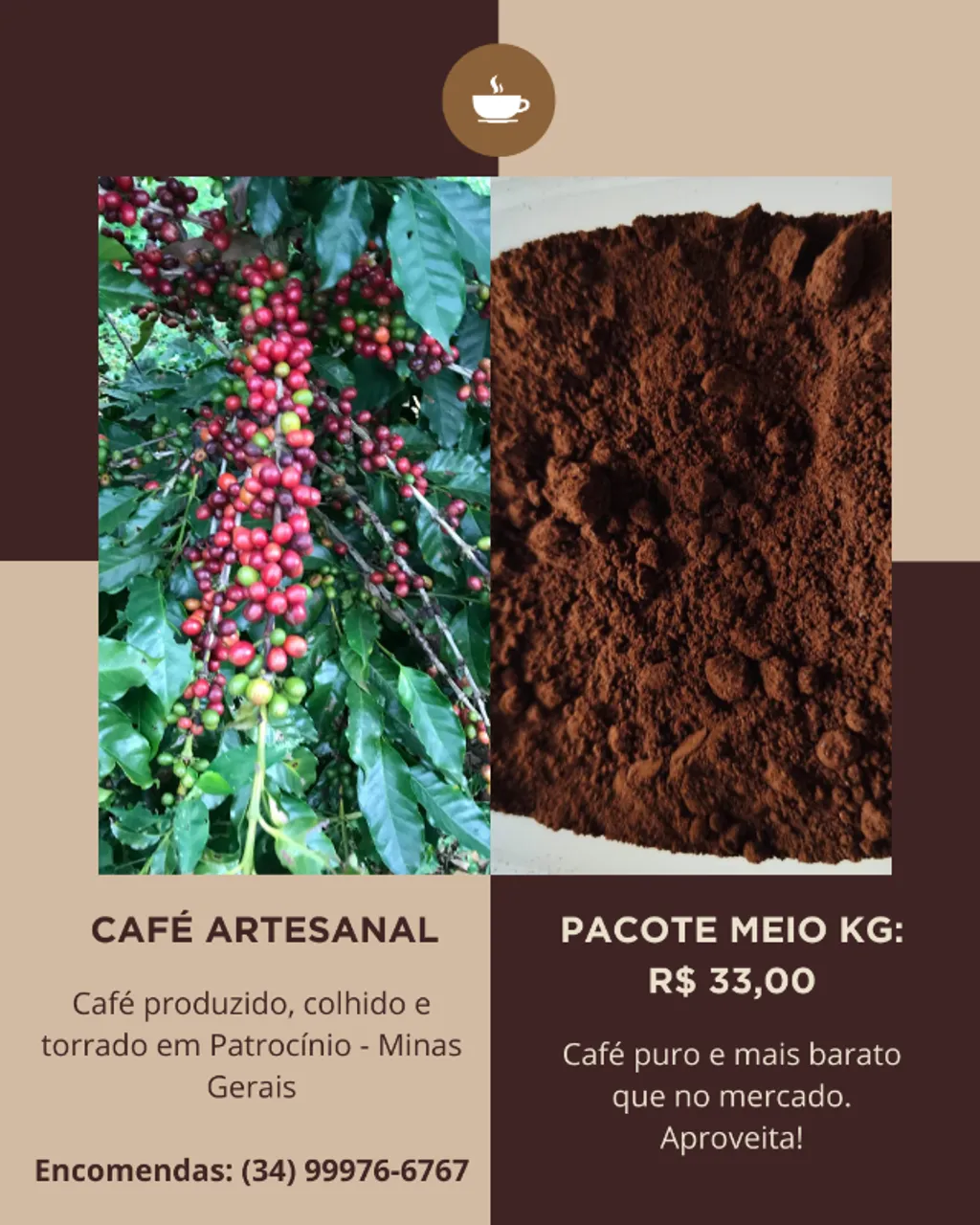 Café puro, torrado e moído