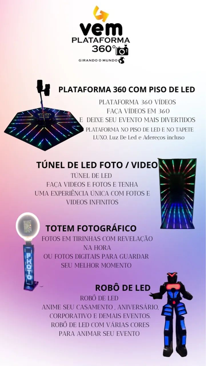 Animação de eventos com plataforma 360, totem e robô de led