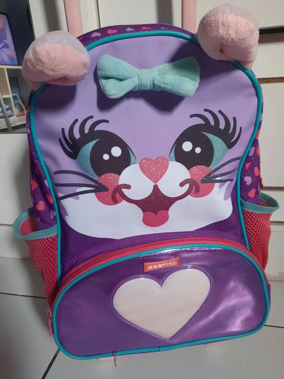 Mochila de rodinhas infantil gatinha e lancheira