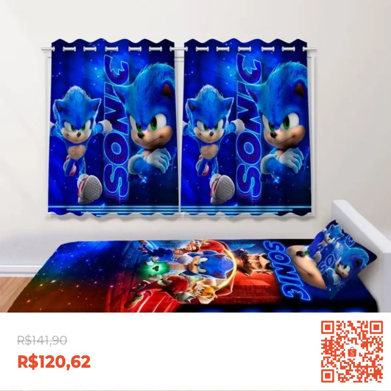 Kit Cama Infantil Sonic - Cortina + Jogo de Cama + Fronha