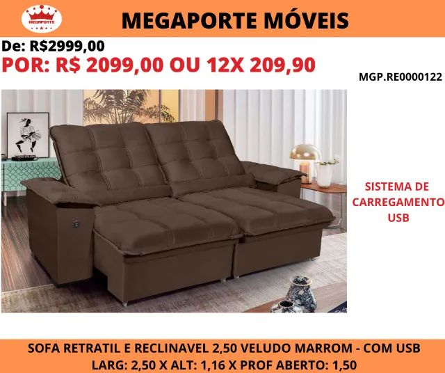 Sofá Retrátil e Reclinável 2,50 Veludo Marrom com USB 