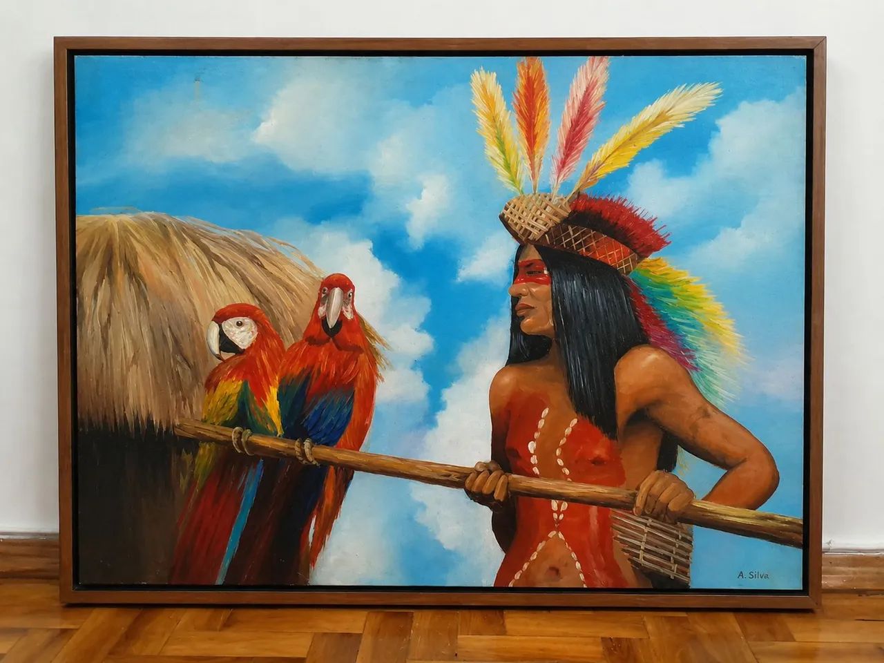 Quadro Original em Pintura a Óleo - Tema Indígena Amazônico 