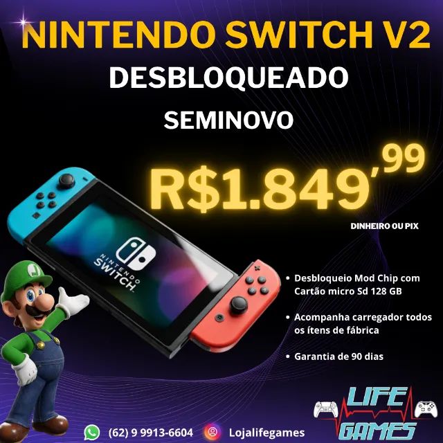 Nintendo Switch v2 Desbloqueado seminovo com garantia, loja física 