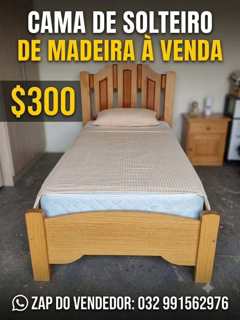 Cama de Solteiro de Madeira Maciça com colchão 