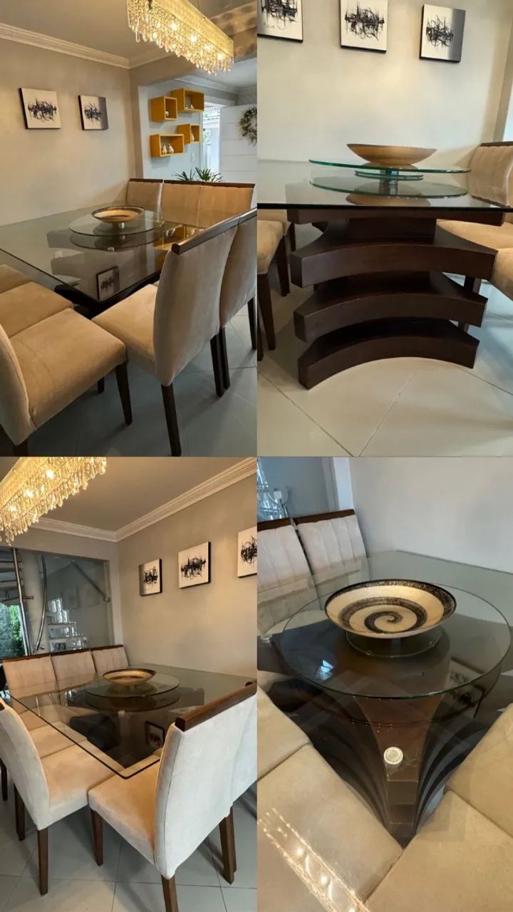 Mesa de jantar, 8 lugares/cadeiras, quadrada de 1,50m, vidro 10mm,