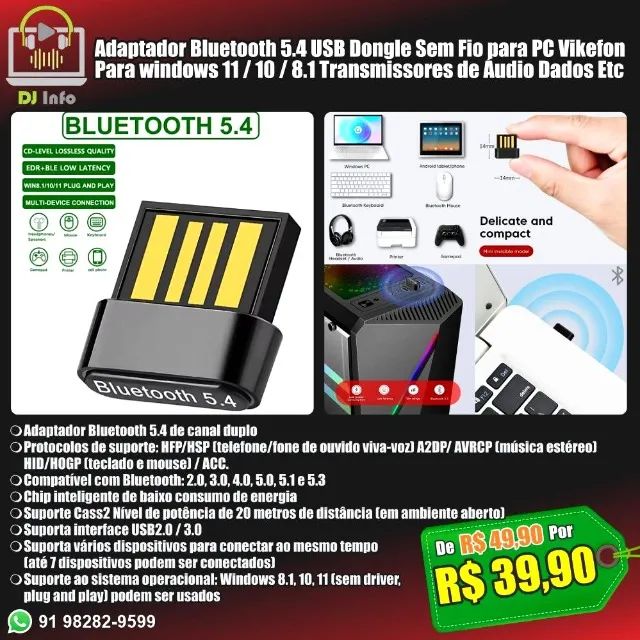 Adaptador Bluetooth 5.4 USB Dongle Sem Fio para PC Vikefon