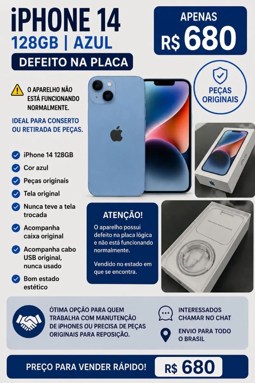 iPhone 14 128GB Azul - Defeito na Placa - R$ 680 - Foto 2