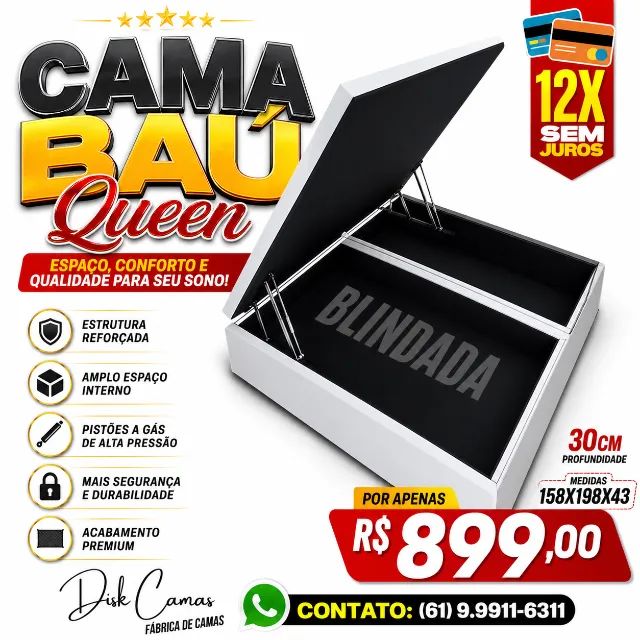 Cama Baú Queen Blindada - Amplo espaço interno com 30cm de profundidade.