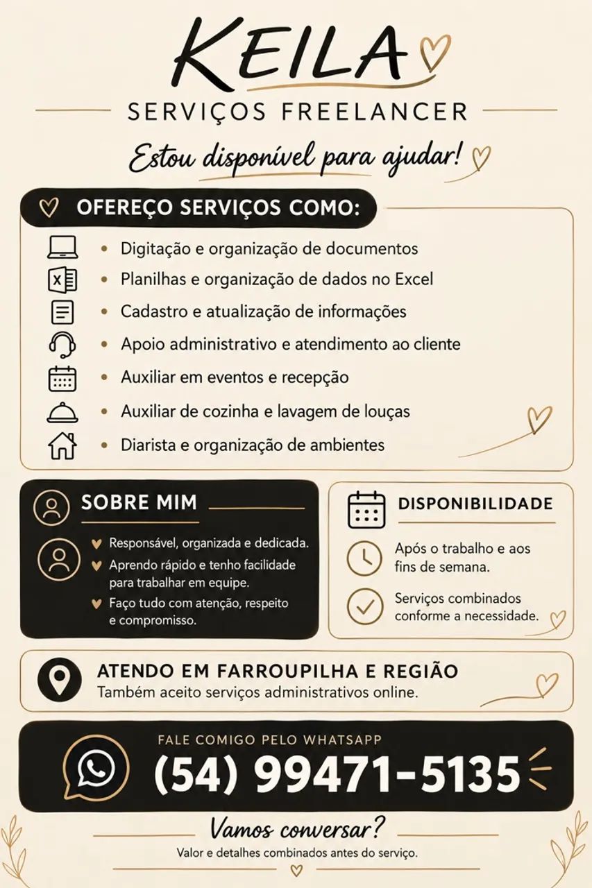 Freelancer para serviços administrativos, diárias e eventos. 