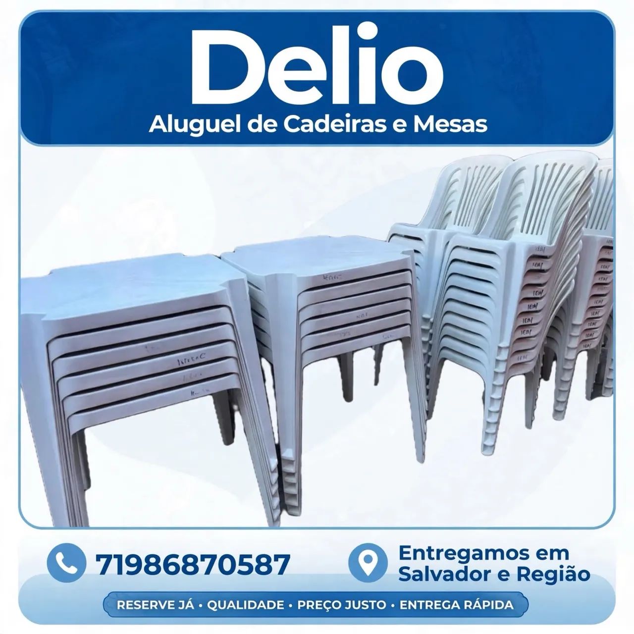 Aluguel de mesas e cadeiras. 