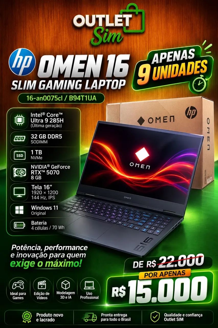  HP OMEN 16 Slim Gaming Laptop - Novo e Lacrado