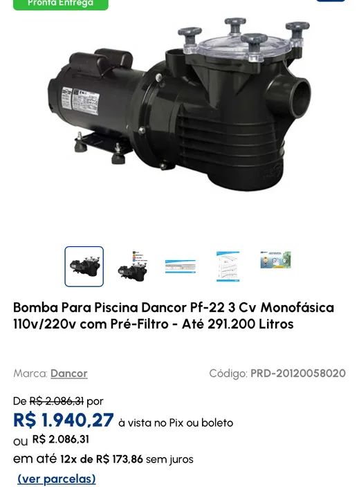 Bomba d'água para piscina Dancor/ weg 3 cv 