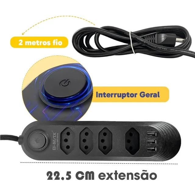 Extensão 4 Tomadas + 3 USB Filtro de Linha