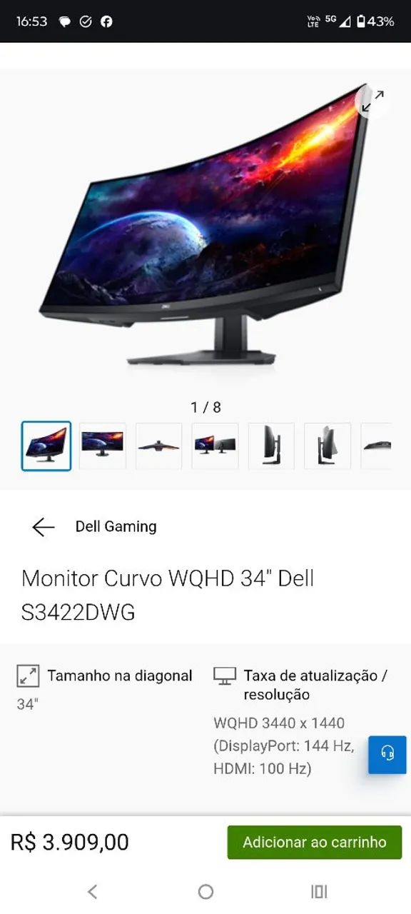Monitor Curvo Dell S3422DWG 34" WQHD 144Hz - Monitores - Bela Vista ...