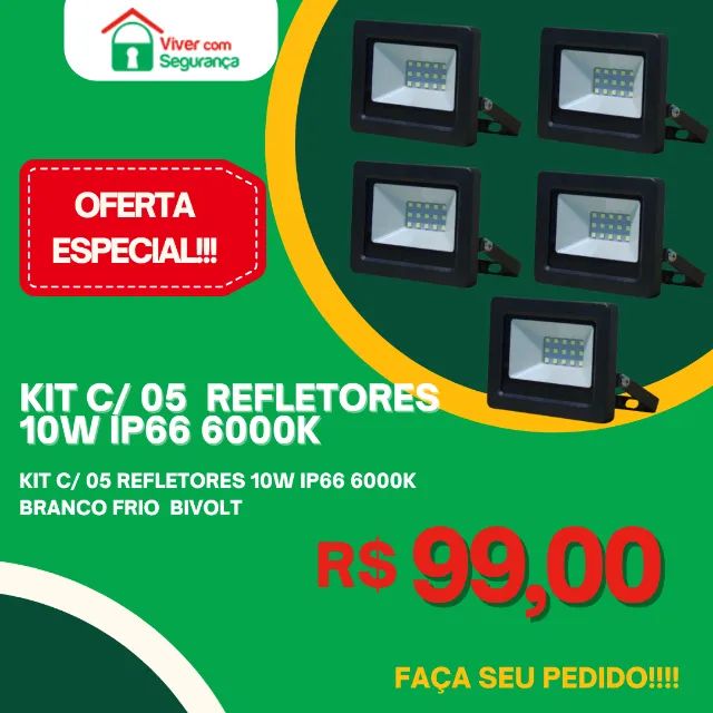 Kit com 05  Refletores 10W IP66 6000k Área Externa Bivolt