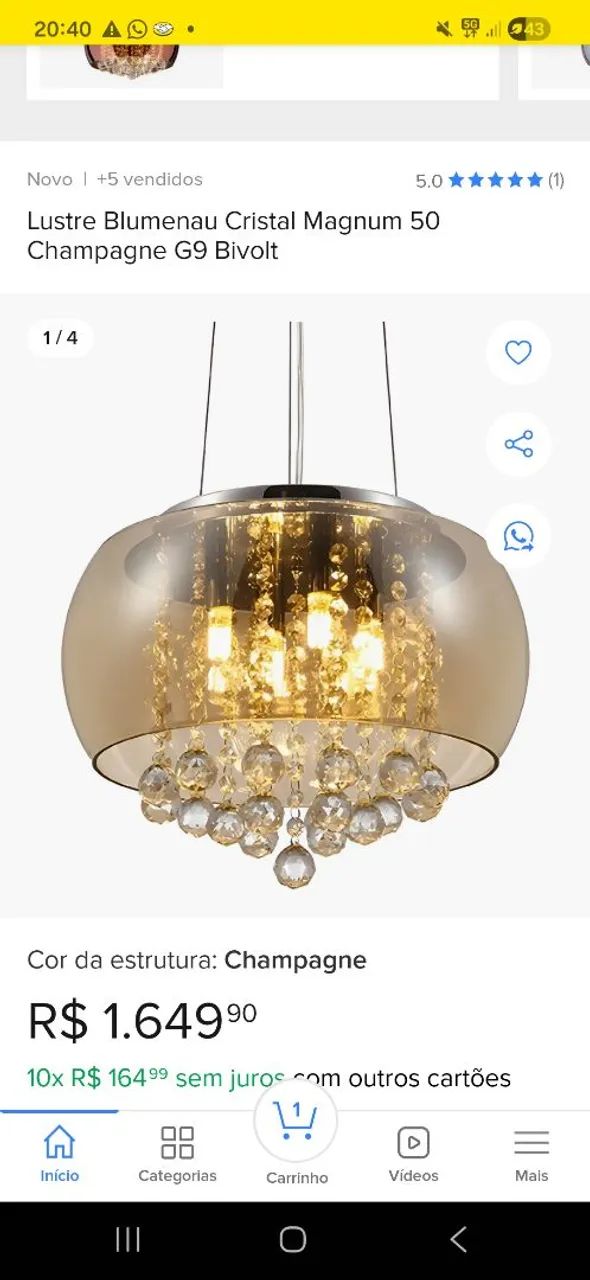 Lustre Cristal e Vidro Champagne 40cm - Foto 2