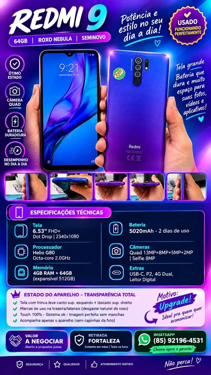 REDMI 9 64GB ROXO NEBULA | SEMINOVO!