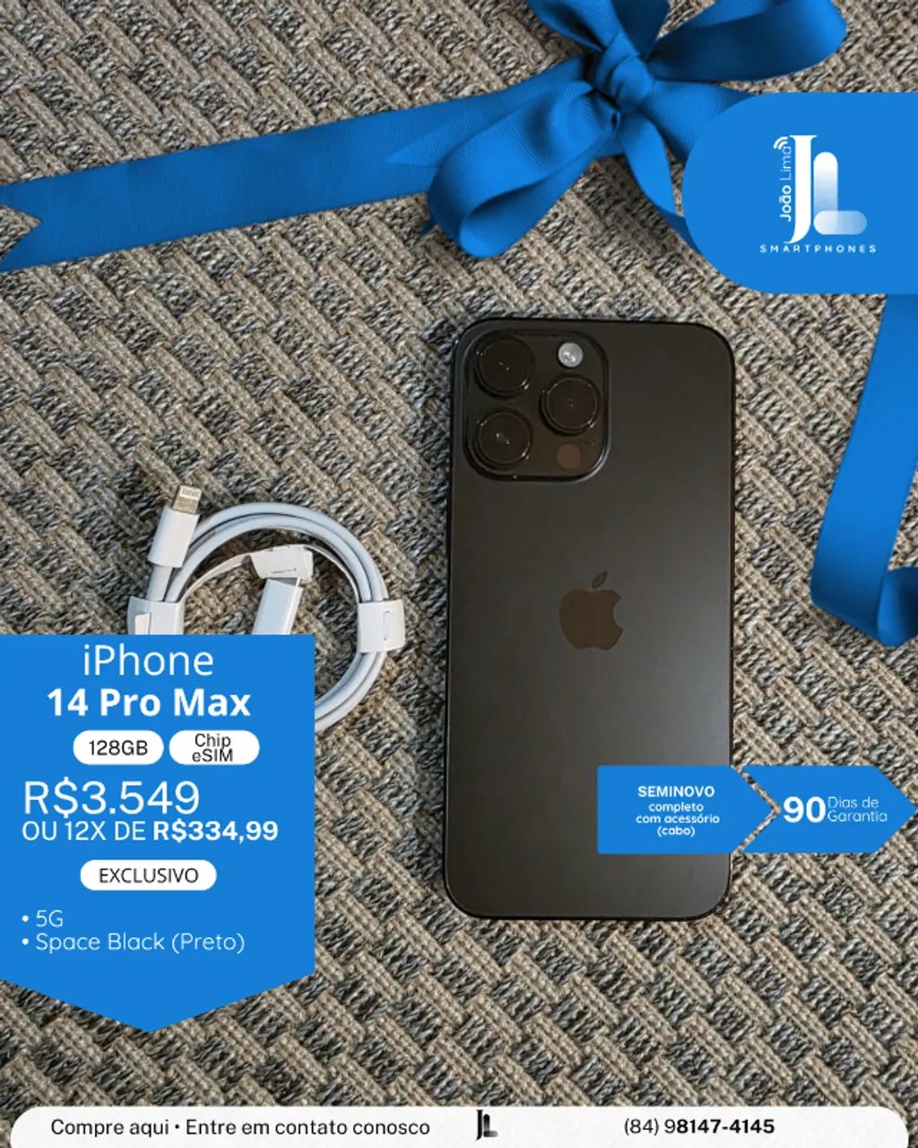 IPHONE 14 PRO MAX, 5G, 128GB, CHIP ESIM, BAT 100%, SPACE BLACK