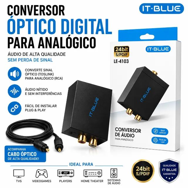Conversor Óptico Digital Para Analógico com cabo optico incluso