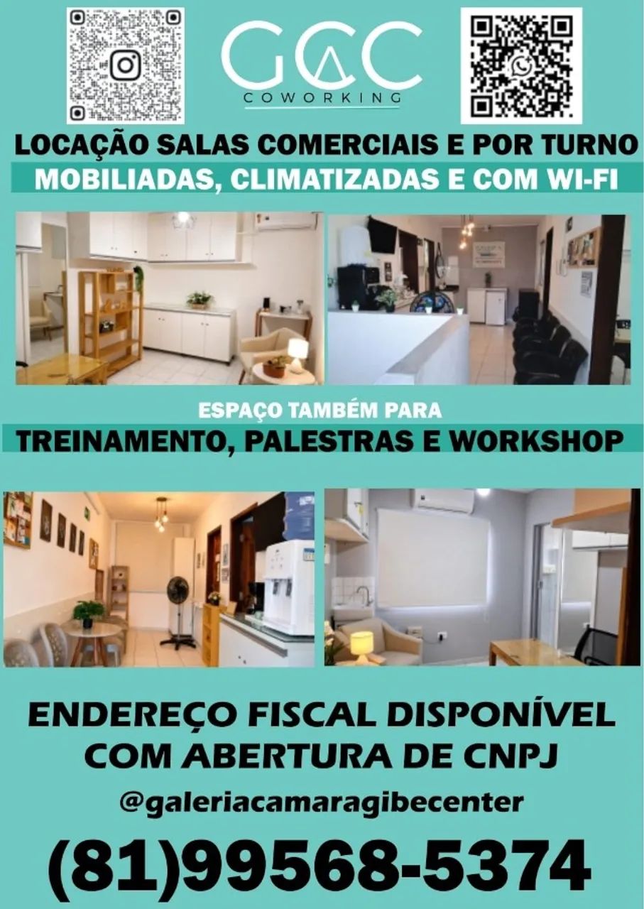 Aluga-se sala comercial por turno, mobiliada, AR e WI-FI  Coworking Camaragibe s/fiador 