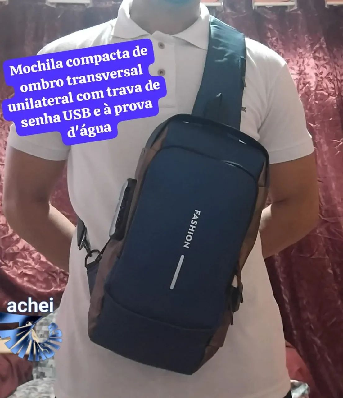 Bolsa transversal microfibra, ombro e costa, com entra USB e cadeado com senha - Foto 3