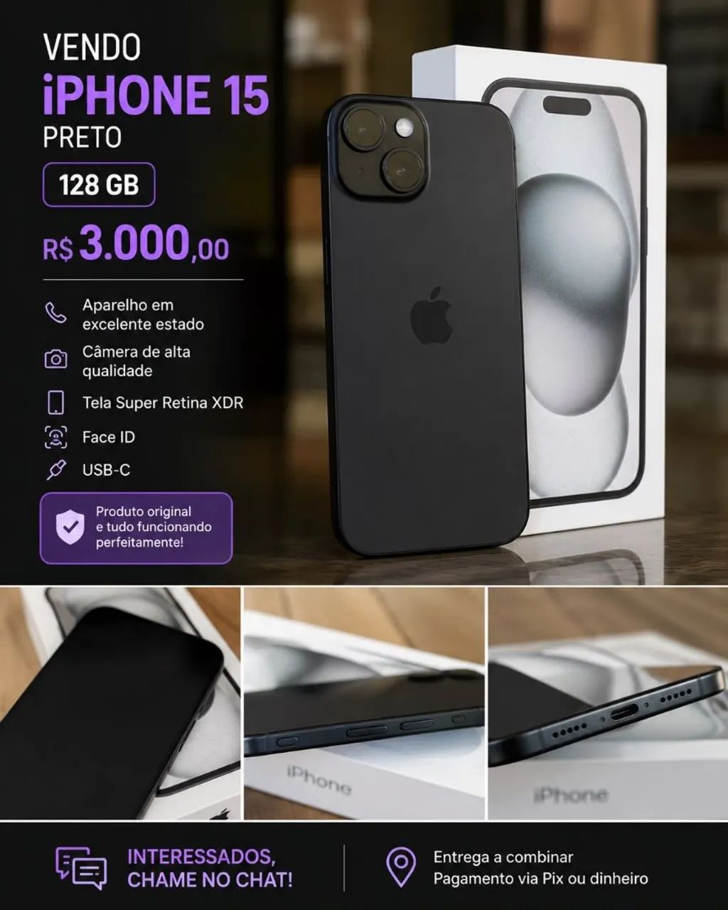 iPhone 15 Preto 128GB - Excelente Estado