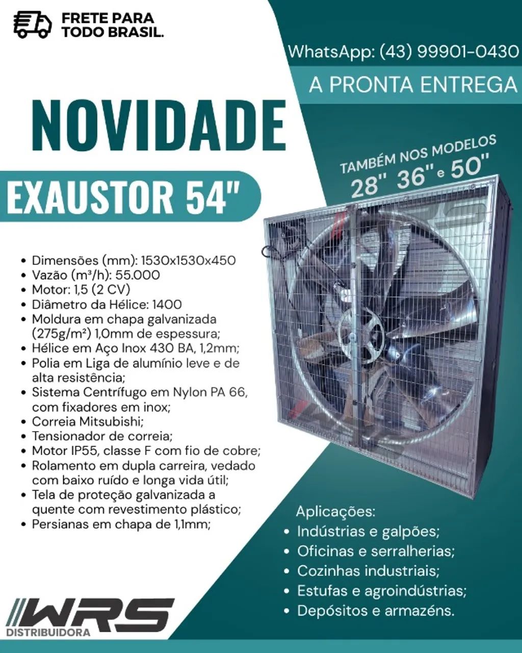 EXAUSTOR INDUSTRIAL 54 POLEGADAS TRIFÁSICO 2,0CV 220/380V - 1530x1530x450mm - 55.000m3
