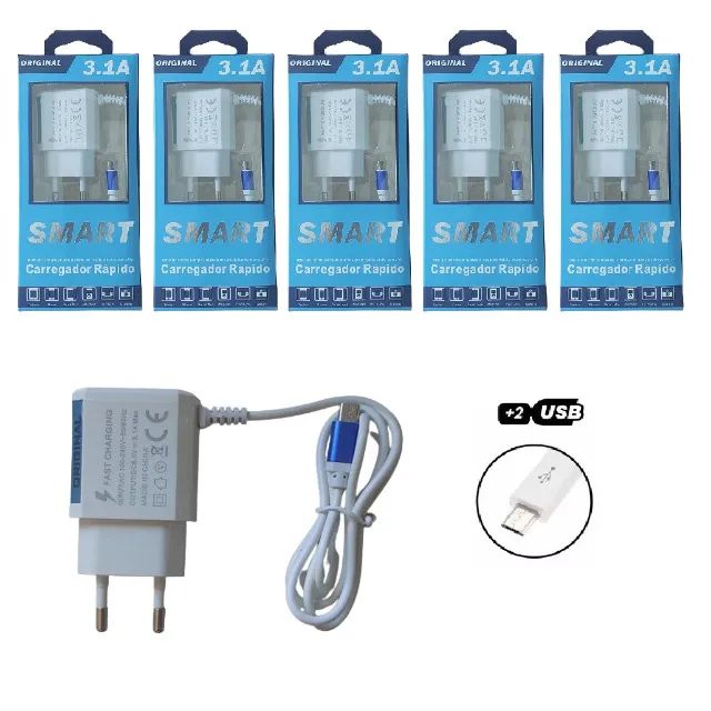 NOVO | Kit 5 Carregador Celular 2 USB com Cabo Fixo