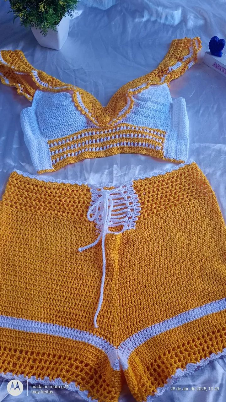 Conjunto cropped e short Crochê Amarelo e Branco - Foto 3