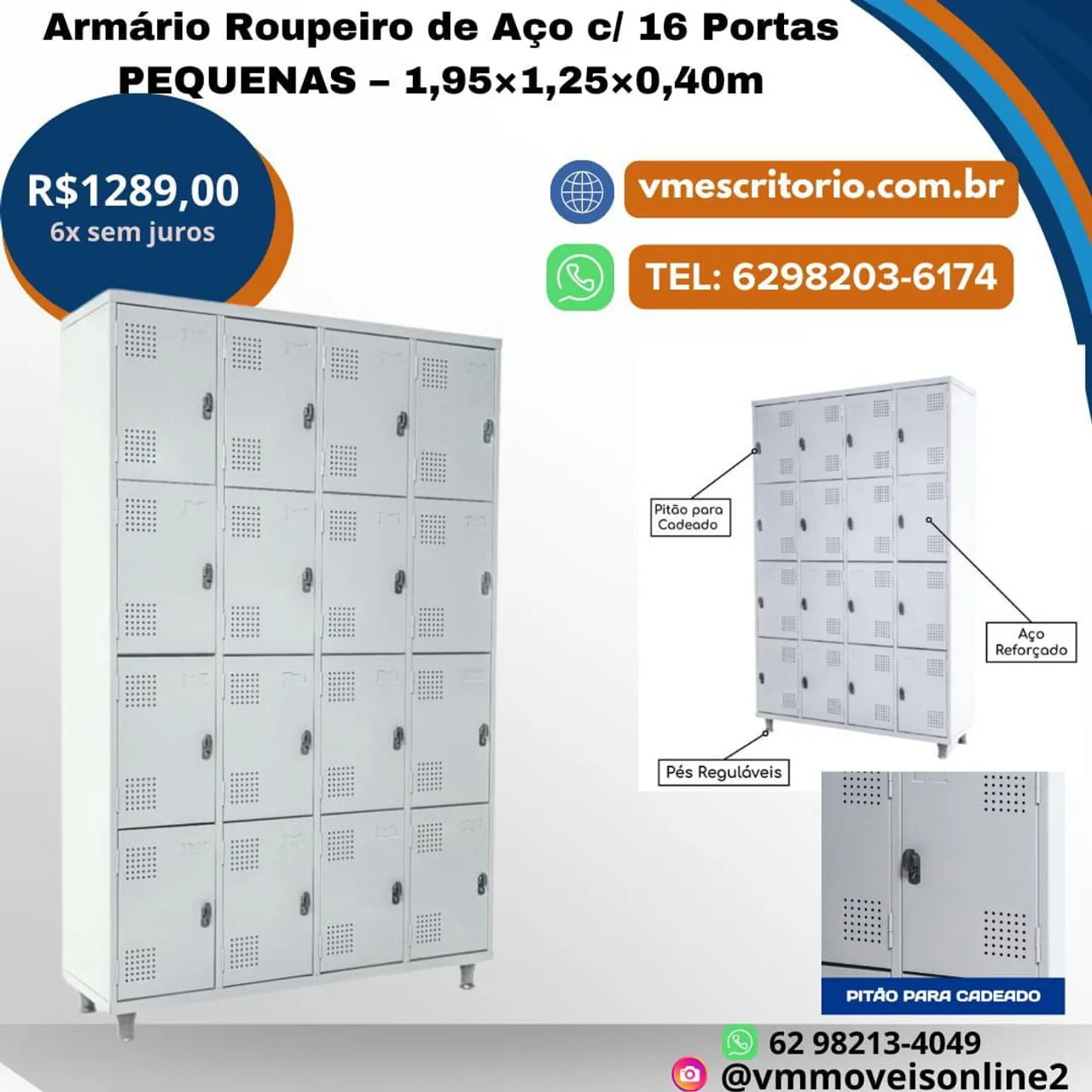 Armário Roupeiro de Aço c/ 16 Portas Pequenas