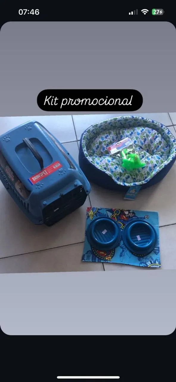 Kit Promocional Pet: Cama, caixa de transporte e comedouro