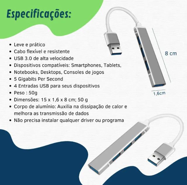 Hub Usb 4 Portas 3.0 Extensor Cabo High Speed Hd Pen Drive - Foto 4