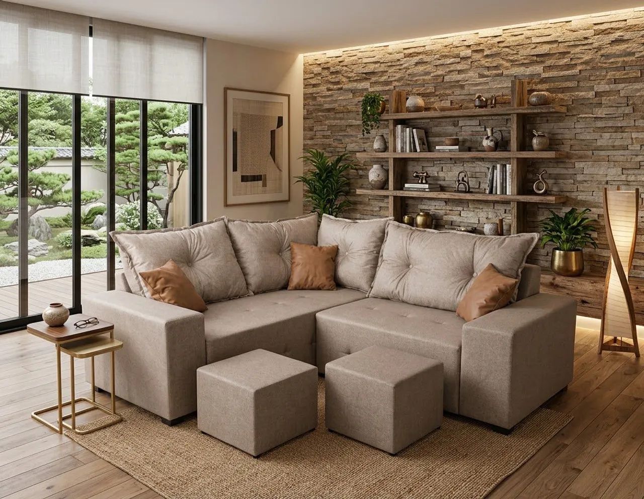 Sofá L ou de canto com centro, puff e almofadas decorativas grátis 