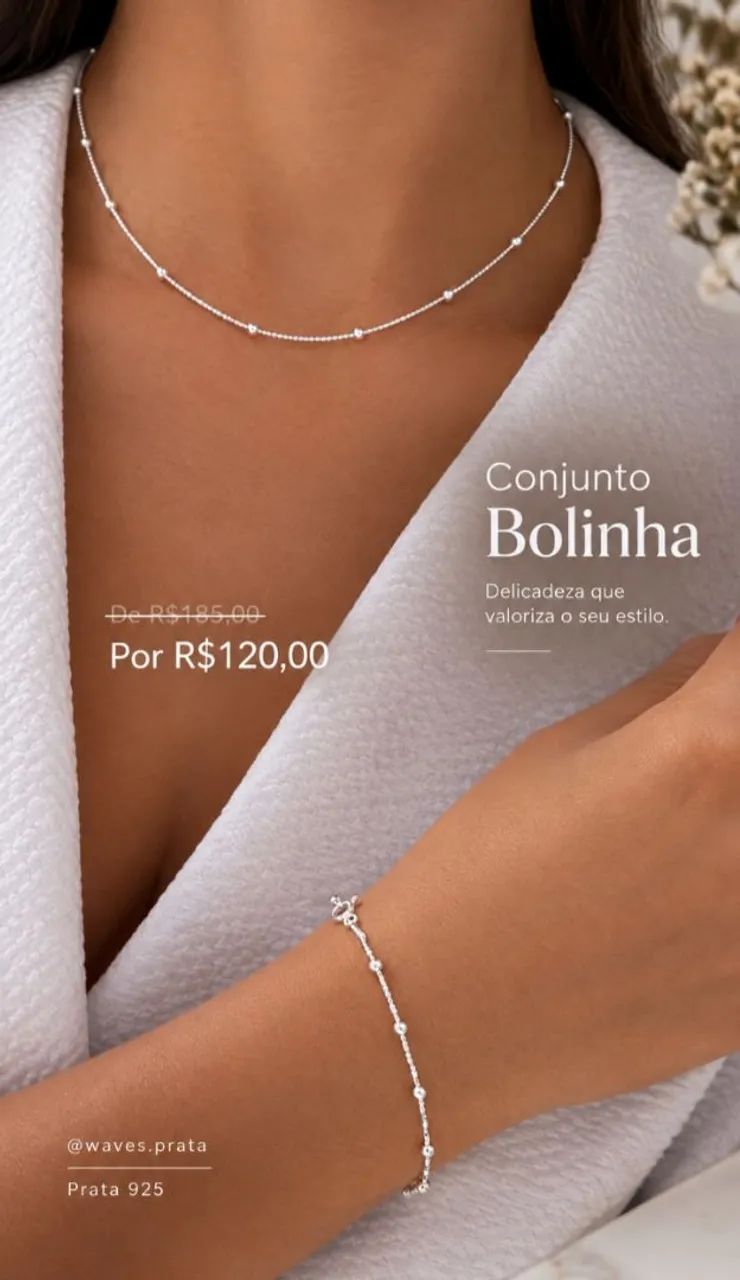 Conjunto (Colar + Pulseira) Bolinha Prata 925