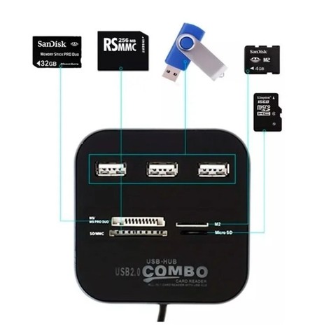 Hub Usb 2.0 - 3 Portas Com Leitor Cartão Micro Sd, M2, Ms Pro Duo Universal - Foto 4