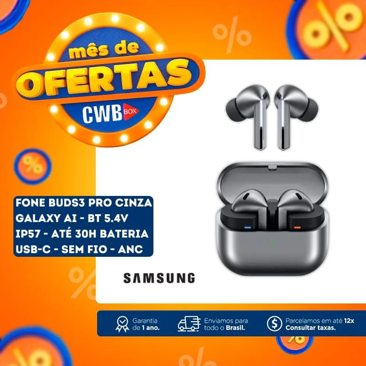 Fone Samsung Buds3 Pro Cinza Galaxy AI Bluetooth 
