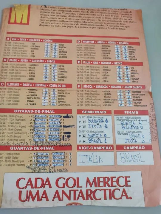 Tabela de Resultados da Copa do Mundo 94. RARIDADE.  - Foto 3