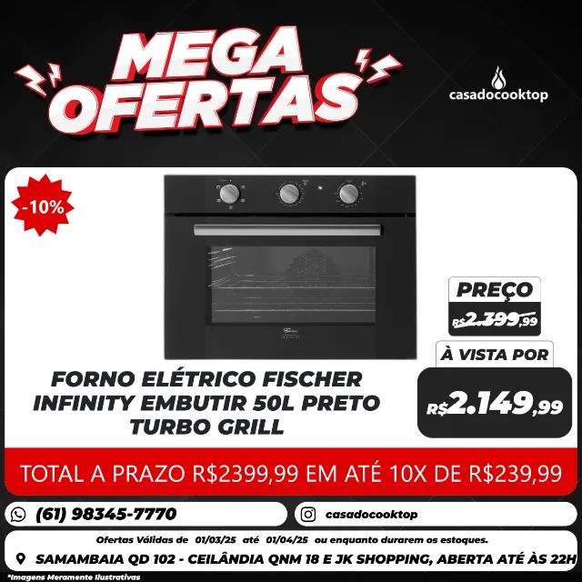 FORNO ELETRICO FISCHER INFINITY EMBUTIR 50L PRETO TURBO GRILL