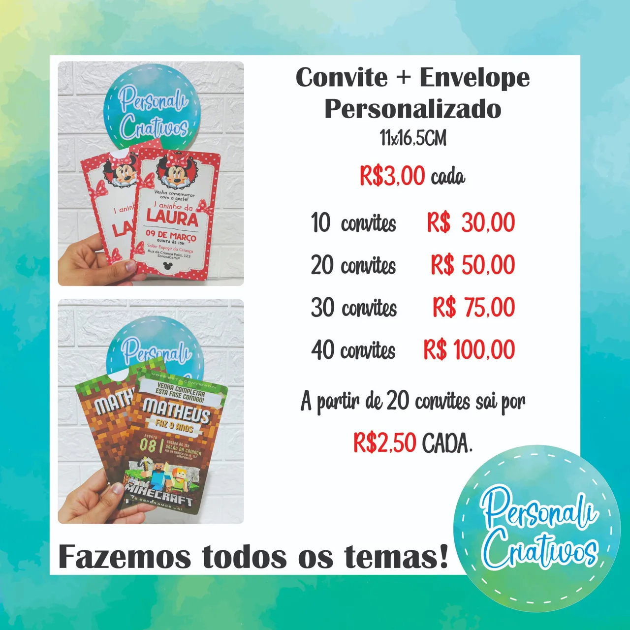 Convites Personalizados - Diversos Temas!