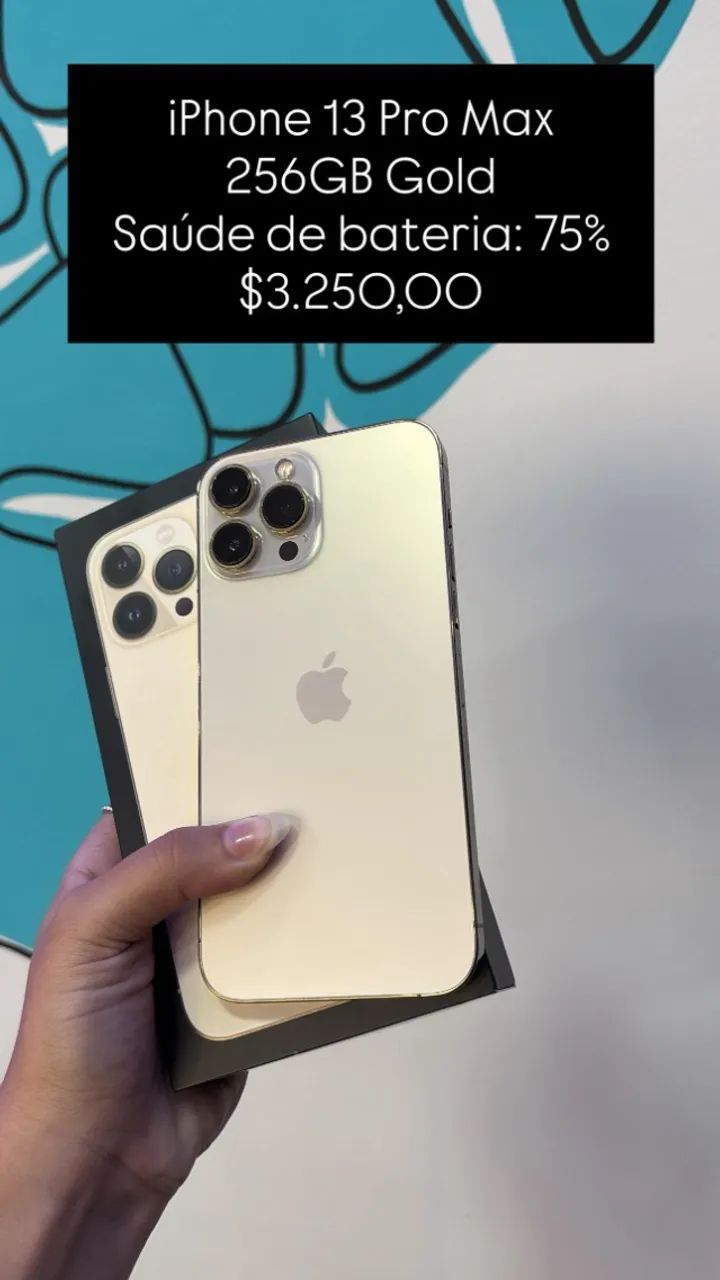 iPhone 13 Pro Max / 256 GB / Gold / Saúde de bateria 74% / loja