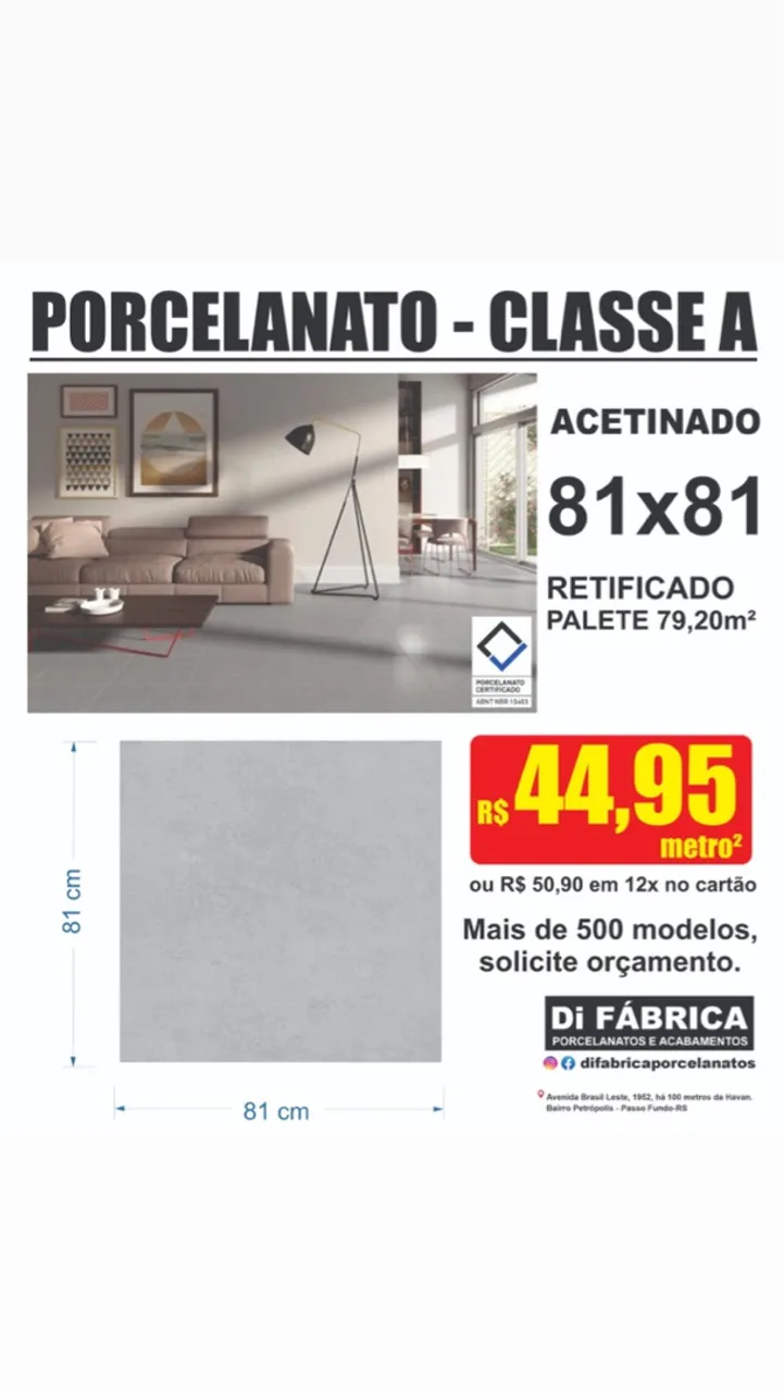 Porcelanato Classe A 81x81 Acetinado - Oferta!