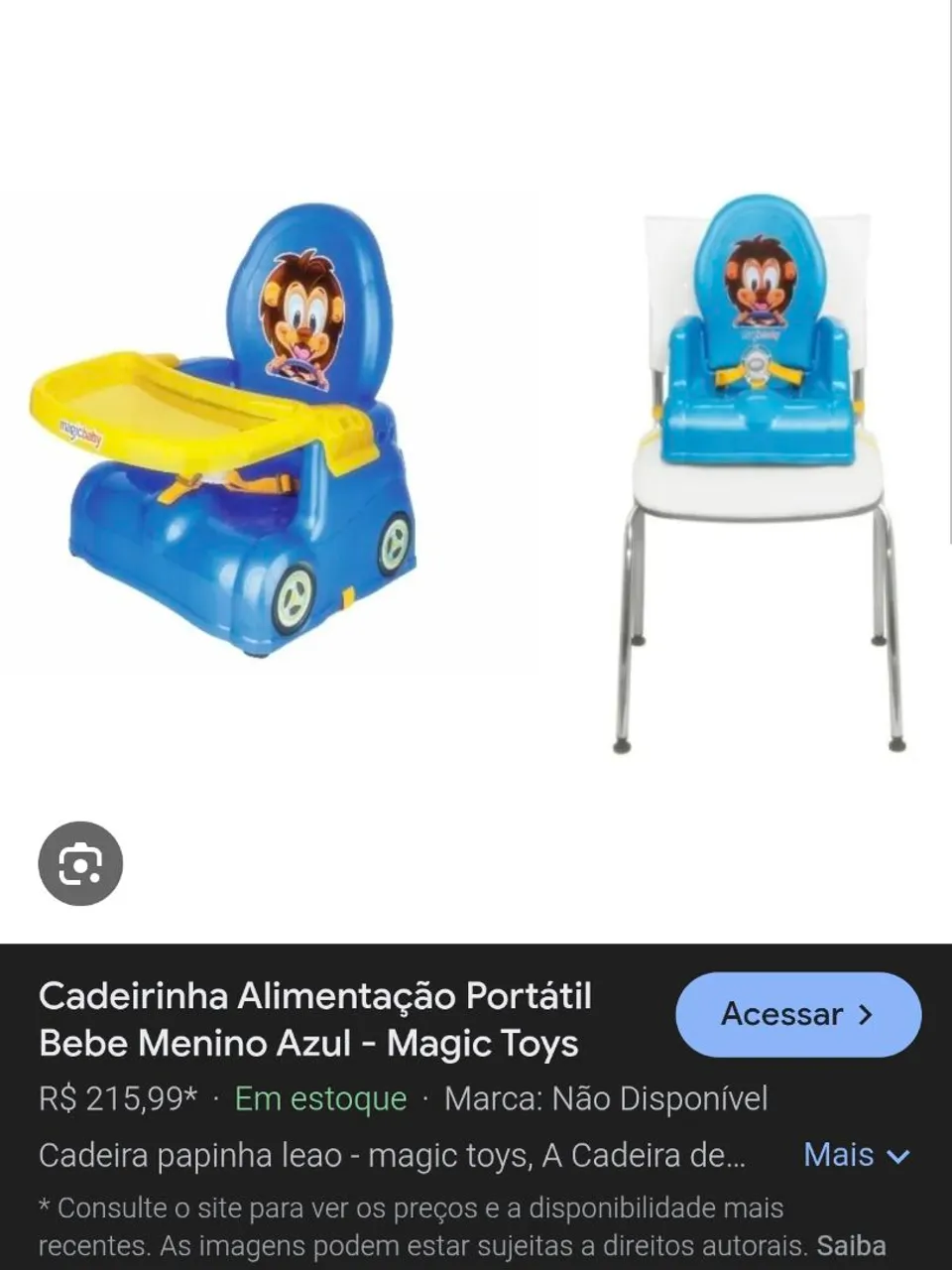 Cadeirinha Alimentação Portátil Bebê Azul Magic Toys