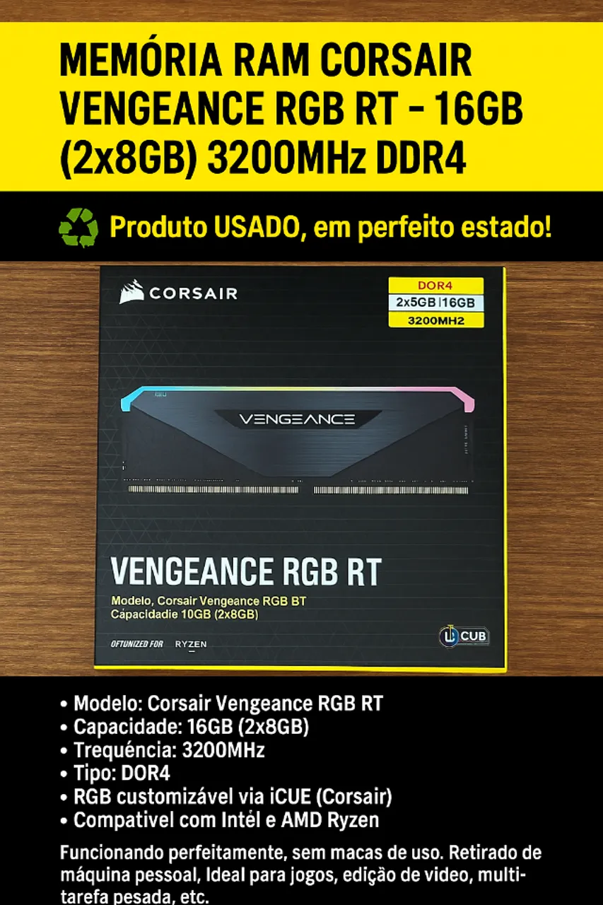 Memória RAM Corsair Vengeance RGB RT 16GB (2x8GB) DDR4 3200MHz - Usada, Perfeita!