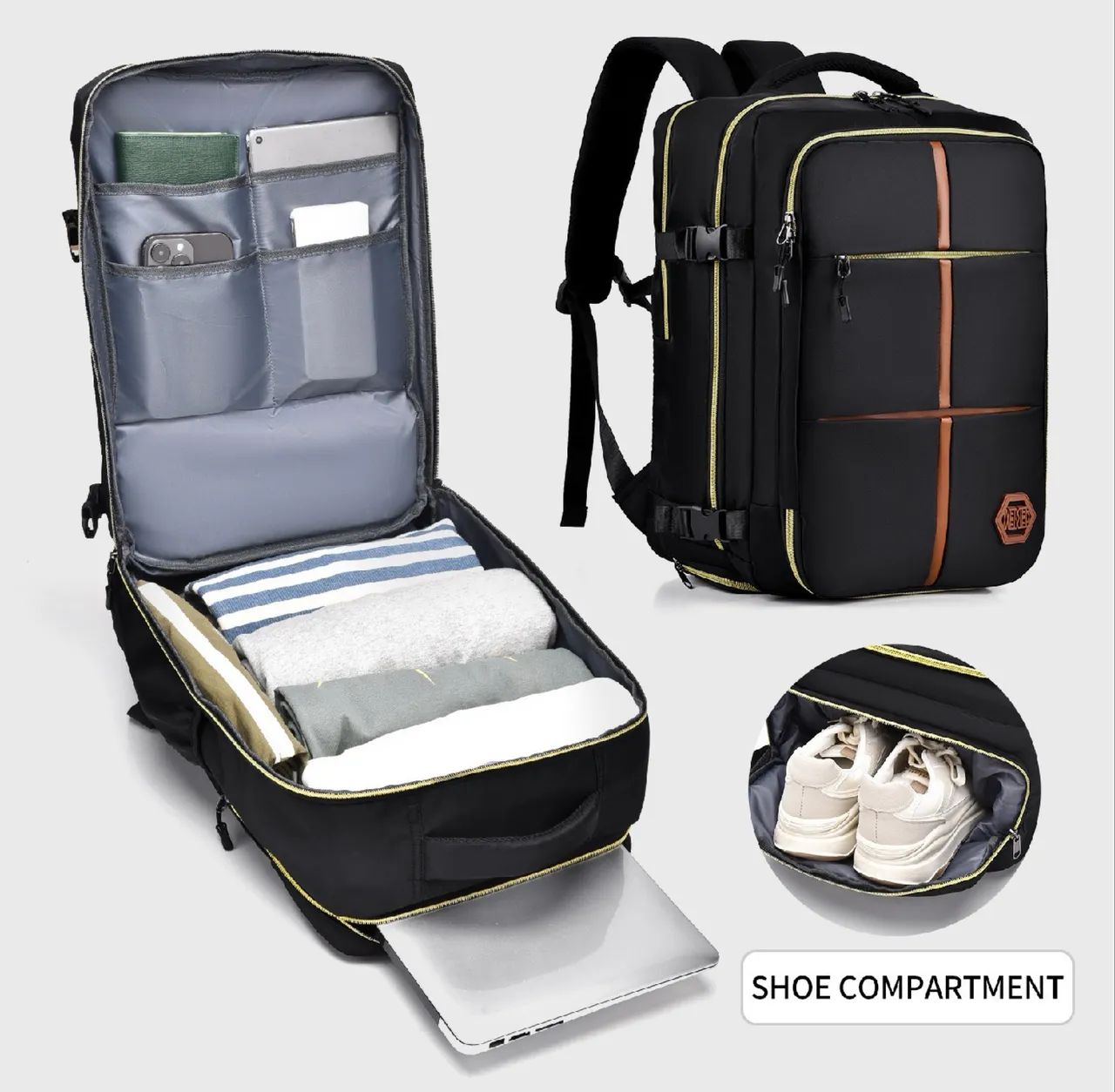 Mochila para viagem cor preta com vários compartimentos  - Foto 3