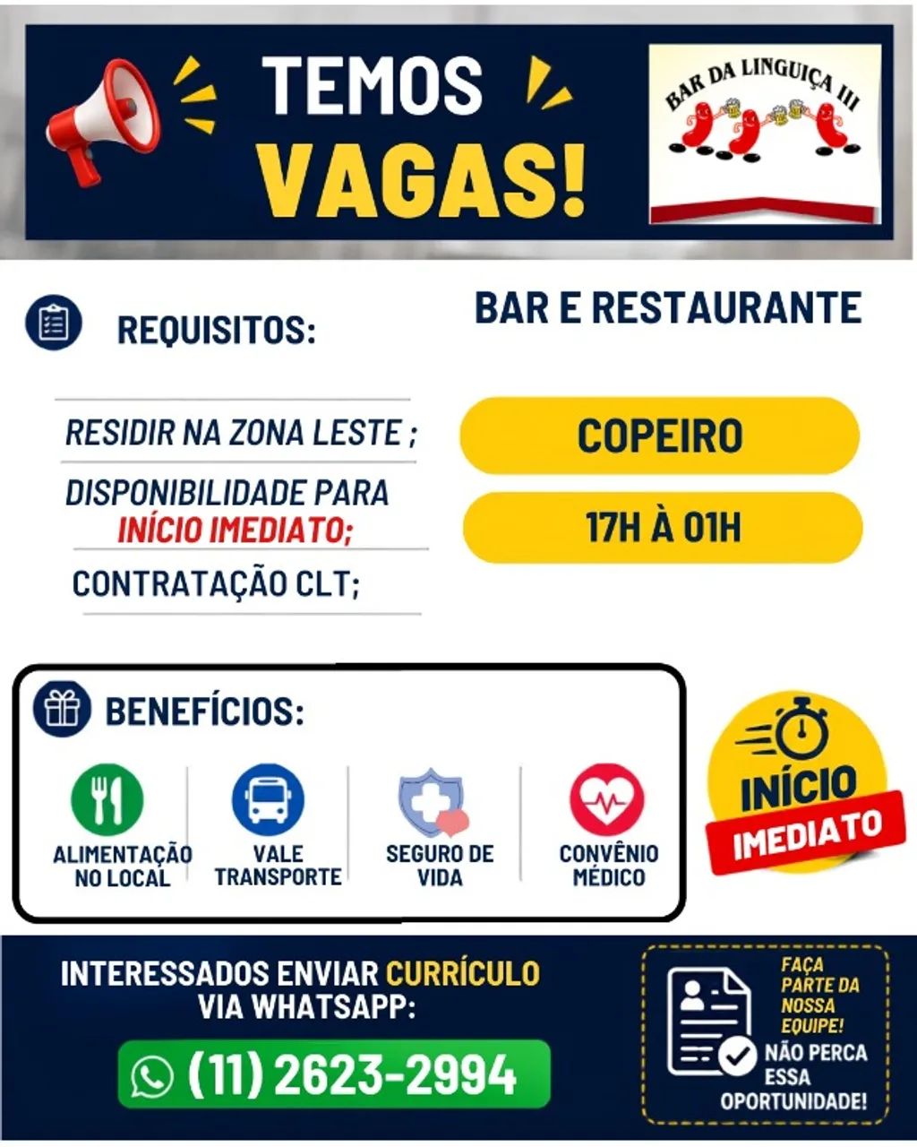 COPEIRO COZINHA / RESTAURANTE ZONA LESTE