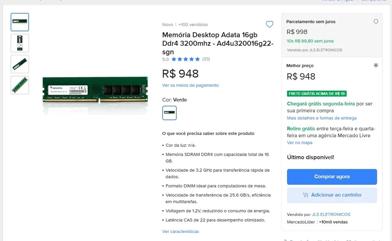 Memória Ram Desktop 16Gb ADATA 3200Mhz.  - Foto 4