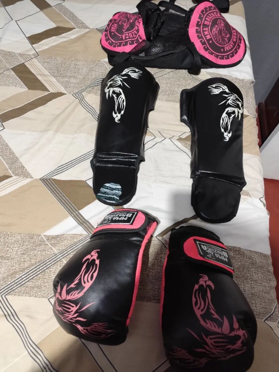 Kits luvas de box caneleira e bolsa infantil azul,  rosa adulto 